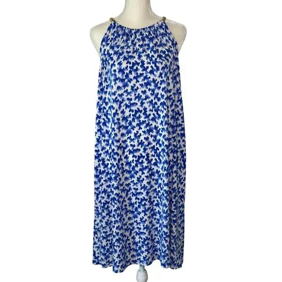 MICHAEL Michael Kors Royal Blue Halter Dress White Print Gold Chain DetaiL XL - Picture 1 of 5